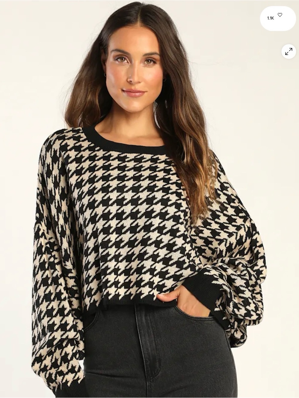 Lulu's Black & Cream Houndstooth Knit Pullover